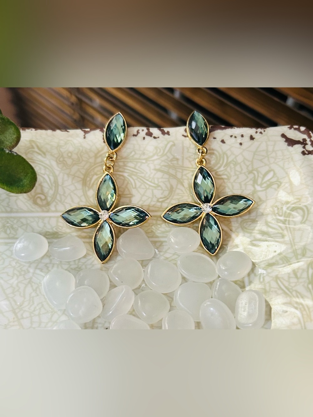 Gold Tone Drop Earrings with Teal Marquise Crystals - Elegant Floral Design